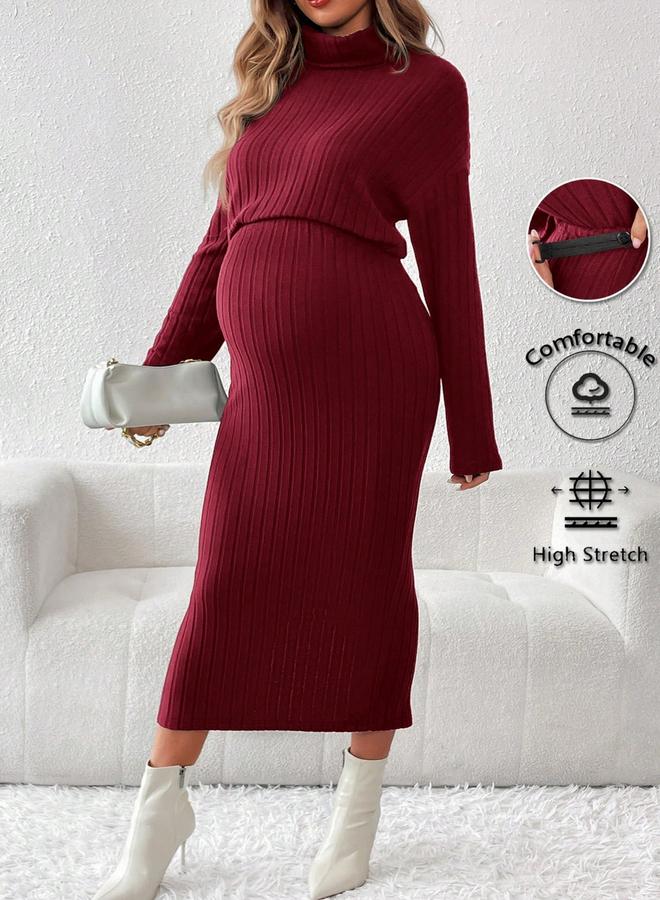 تايك تو طقم مضلع للحوامل بلوزة بياقة مرتفعة وتنورة بخصر مرن قابل للتعديل - Image 4